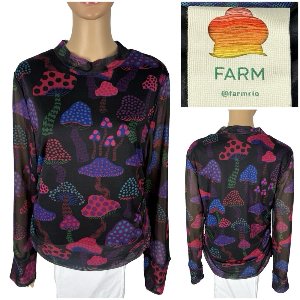 FARM Rio Womens XL Top Mushrooms Tulle Blouse Multicolor See Through Sleeves